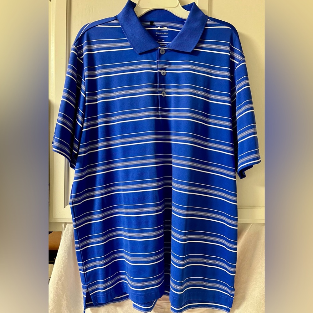 Adidas Blue and White Striped Polo Shirt